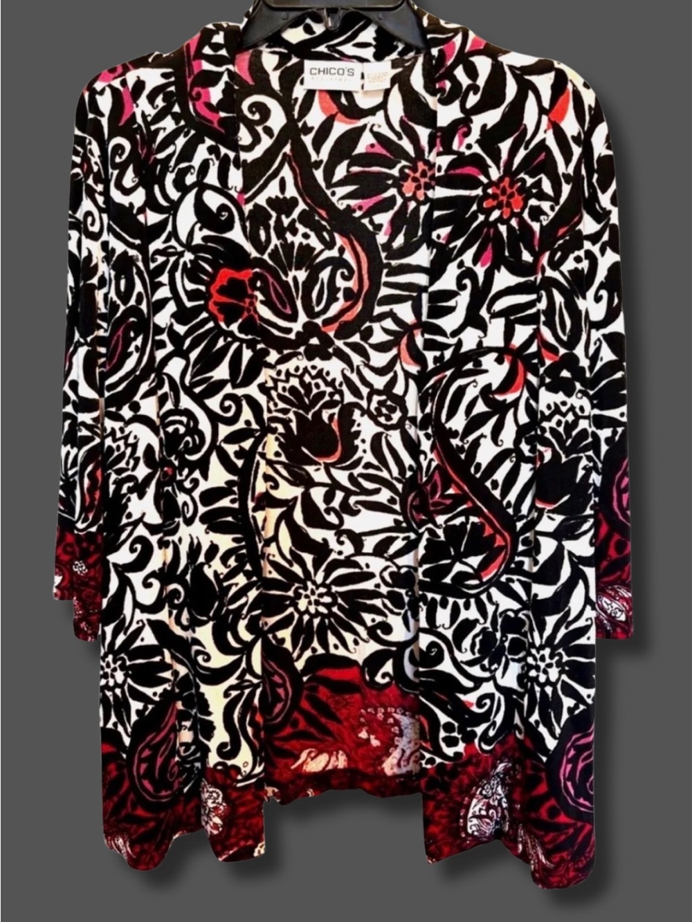 Chico’s Travelers Cardigan Size 1 M Black Red Floral Open Front Jacket